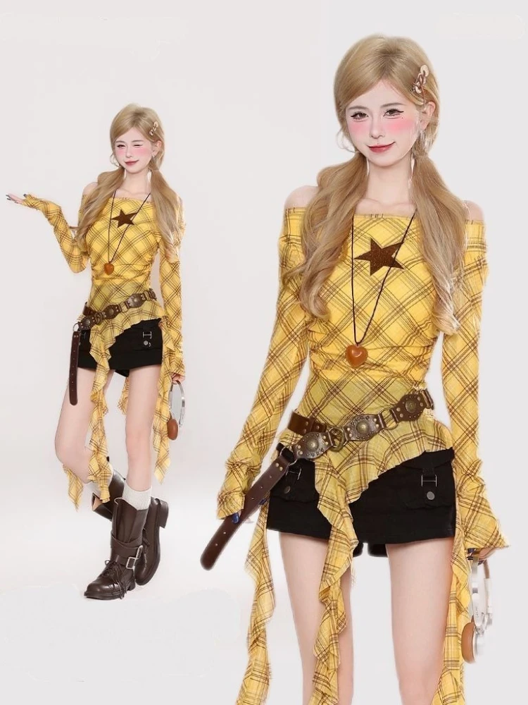 Y2K Plaid Slash Neck Vintage T - Vintage Fashion Women review and price