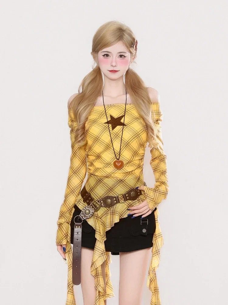 Y2K Plaid Slash Neck Vintage T - Vintage Fashion Women review and price