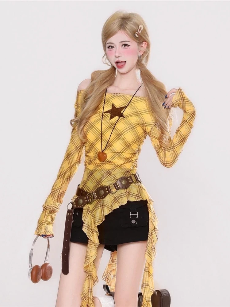Y2K Plaid Slash Neck Vintage T - Vintage Fashion Women review and price